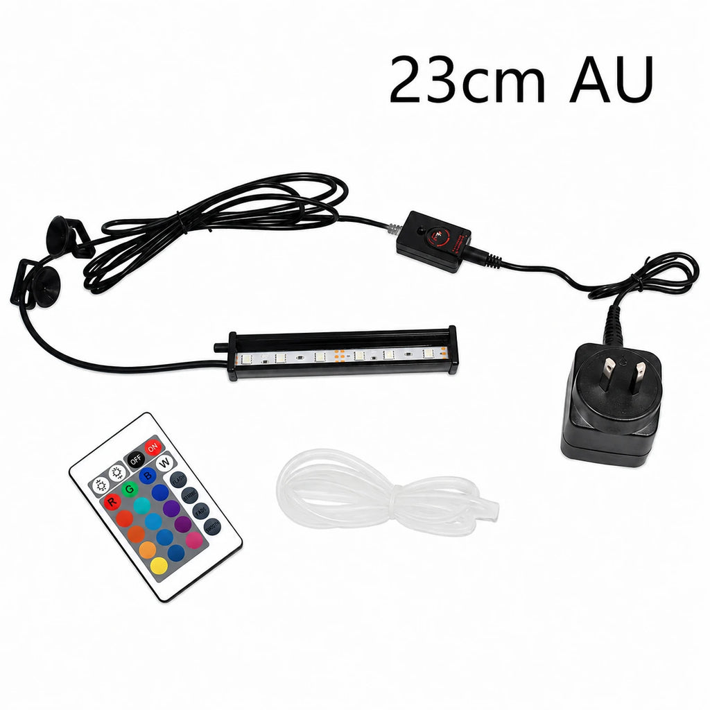 23cm AU RGB LED aquarium light kit including Australian power adapter, inline controller, remote control, suction cups, and clear air tubing for aquarium use.
