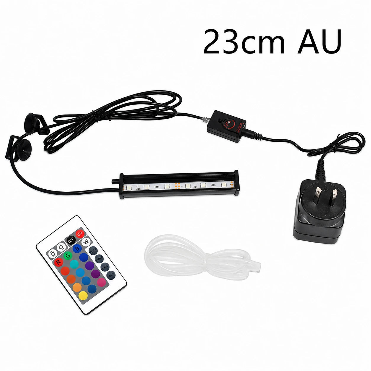 23cm AU RGB LED aquarium light kit including Australian power adapter, inline controller, remote control, suction cups, and clear air tubing for aquarium use.