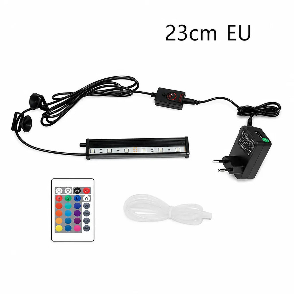 23cm RGB LED aquarium light kit with EU plug, remote control, inline controller, suction cup mounts, and clear air tubing for small aquariums.