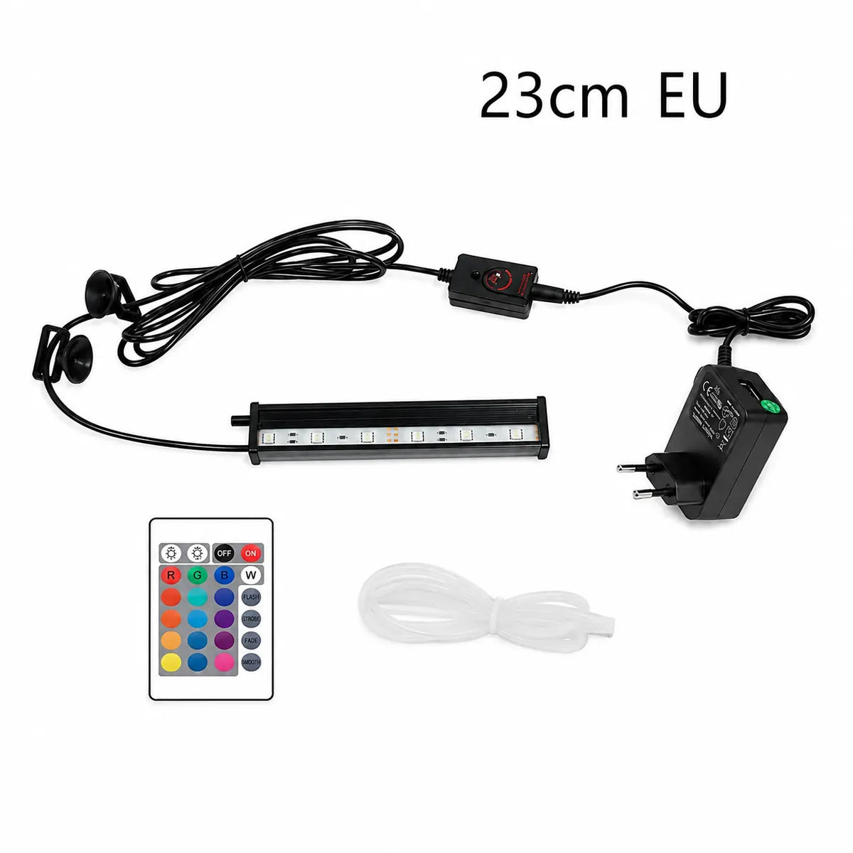 23cm RGB LED aquarium light kit with EU plug, remote control, inline controller, suction cup mounts, and clear air tubing for small aquariums.
