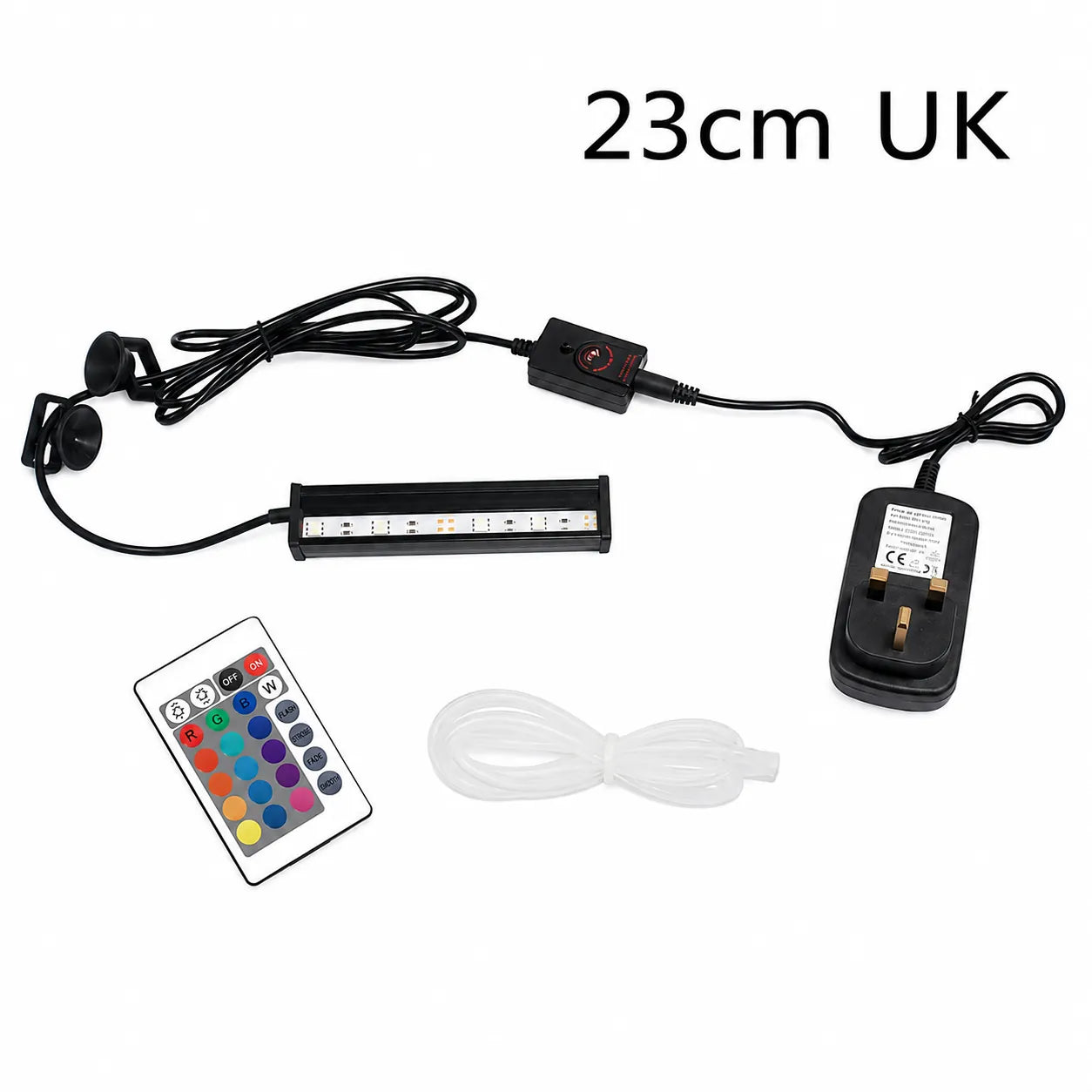 23cm UK RGB LED aquarium light bar kit with UK 3-pin plug, remote control, suction cup mounts, controller, and clear airline tubing displayed on a white background.