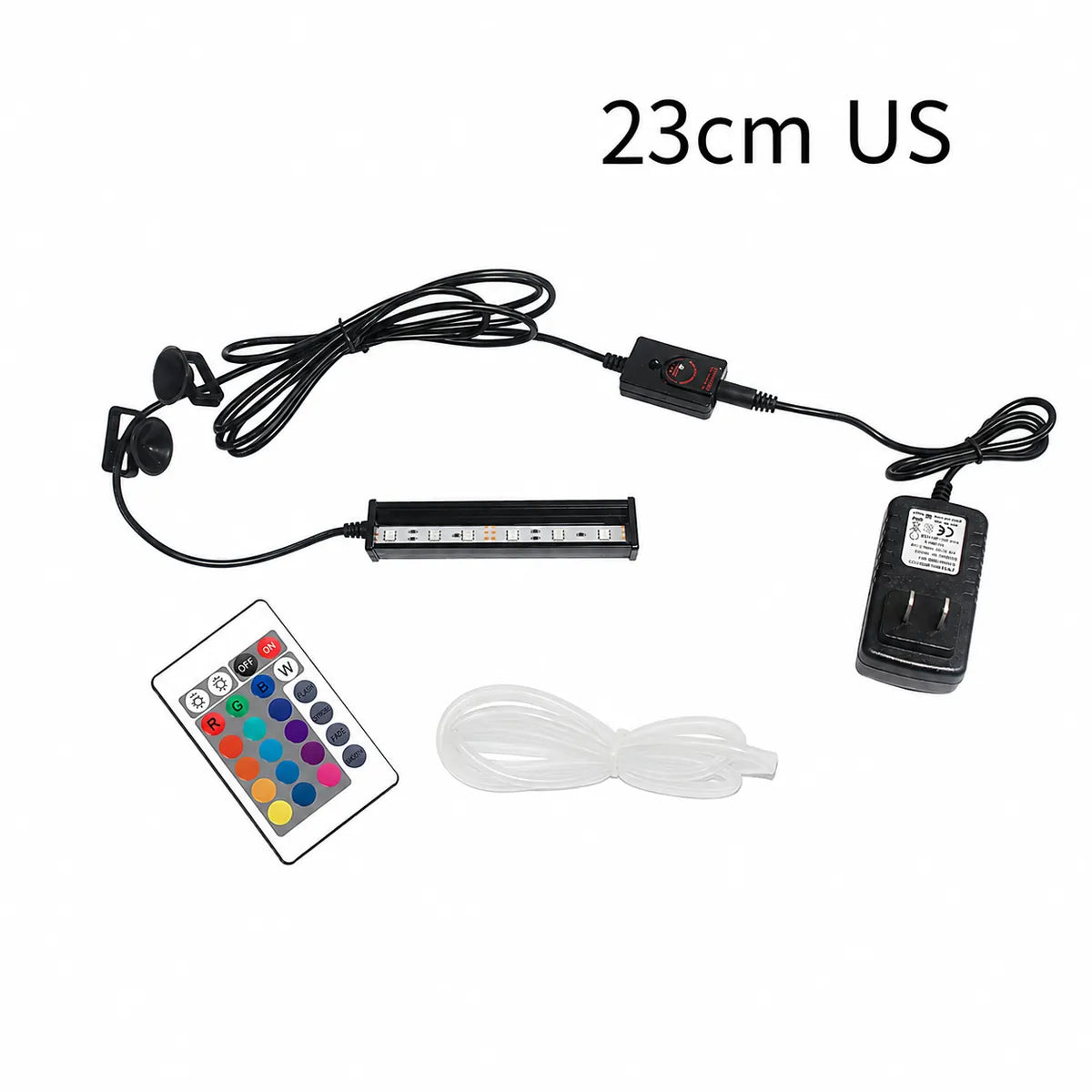 23cm RGB LED aquarium light kit with US power adapter, inline controller, remote control, suction cup mounts, and clear air tubing for aquarium installation.