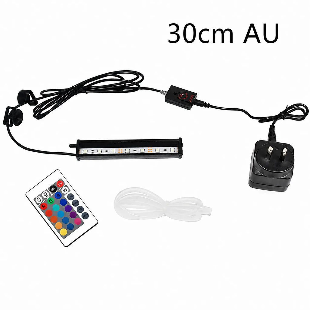 30cm AU RGB LED aquarium light kit with Australian plug, inline controller, remote control, suction cup mounts, and clear air tubing for aquarium installation.