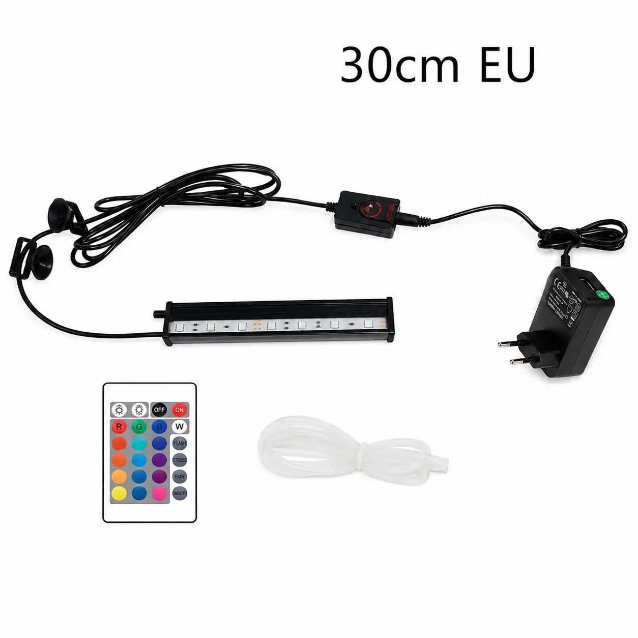 30cm EU RGB LED aquarium light kit with EU plug, remote control, power adapter, suction cup mounts, and clear airline tubing for fish tanks.