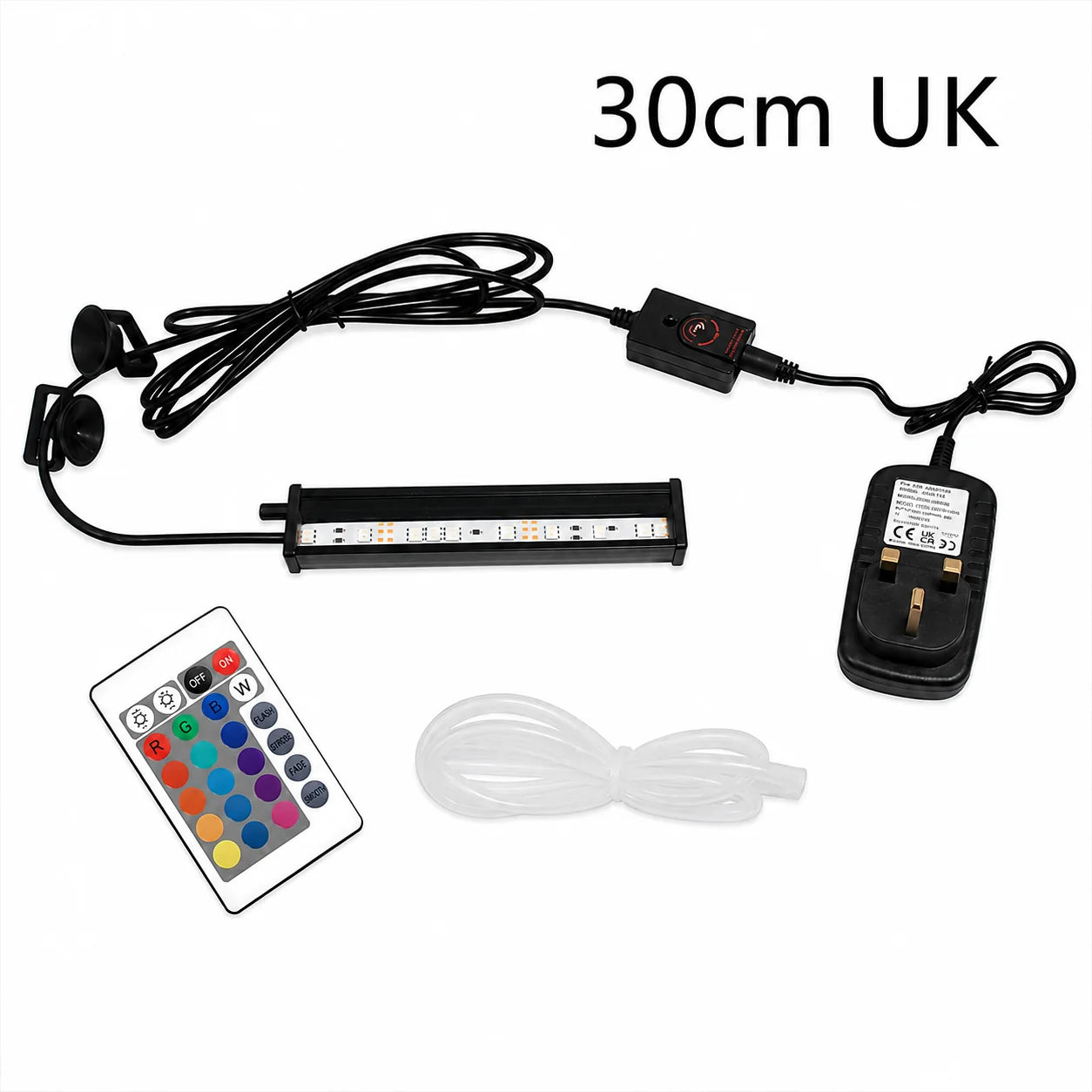 30cm UK RGB LED aquarium light kit including 30cm LED light bar, UK three-pin power adapter, inline controller, remote control, suction cup mounts, and clear air tubing on a white background.