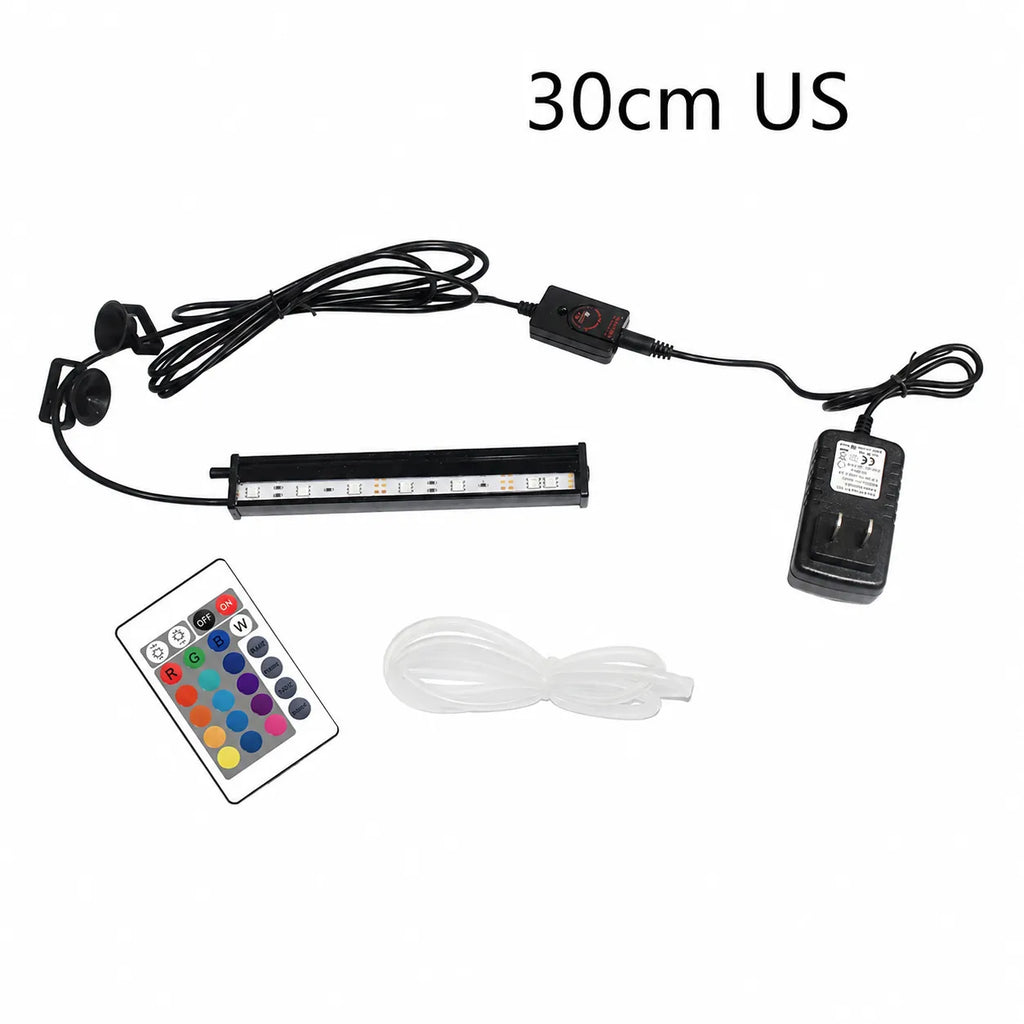 30cm US RGB LED aquarium light kit with US plug, remote control, power adapter, suction cup mounts, and clear airline tubing for fish tanks.