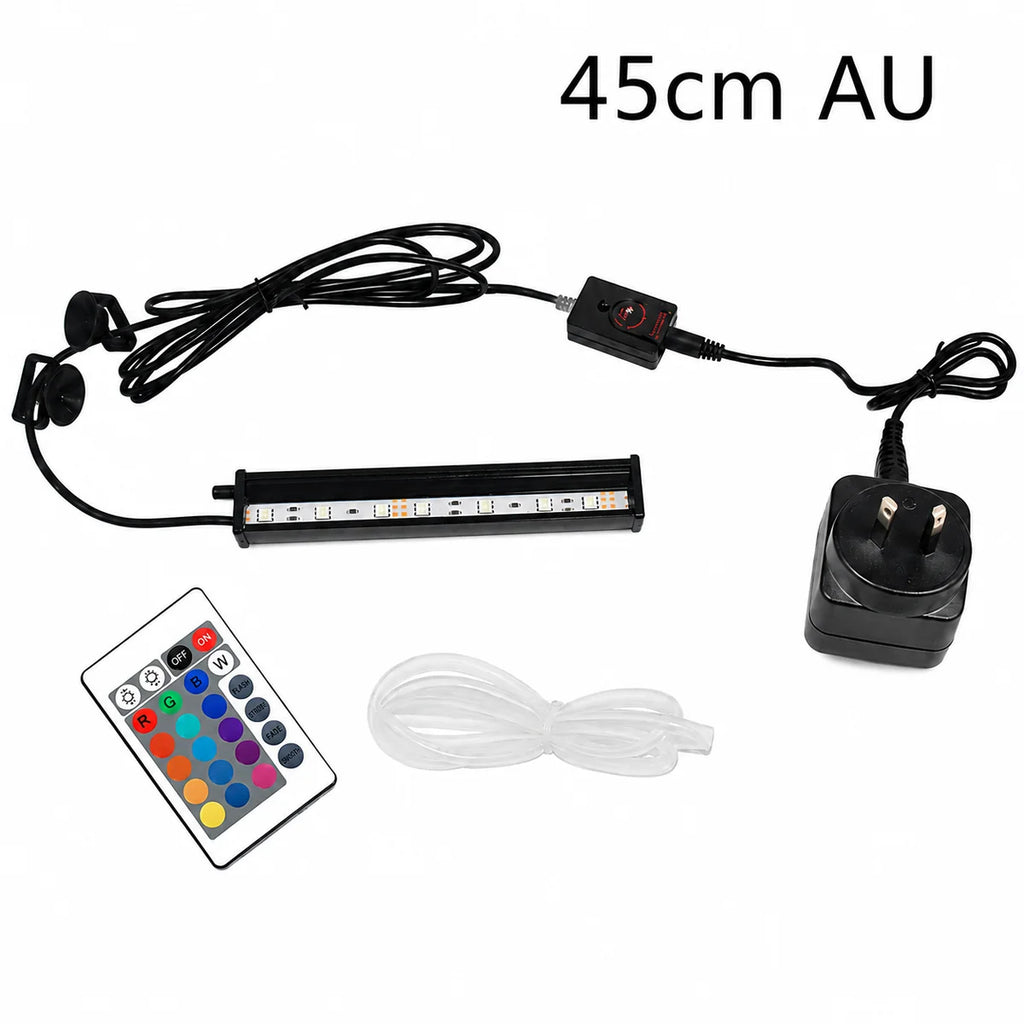 45cm AU RGB LED aquarium light kit with AU plug, remote control, power adapter, suction cup mounts, and clear airline tubing for fish tanks.