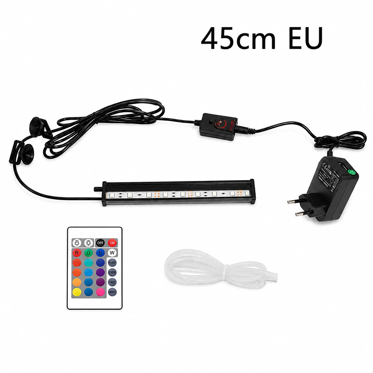 45cm RGB LED aquarium light bar kit with EU plug, inline controller, remote control, suction cup mounts, and silicone tubing on a white background.