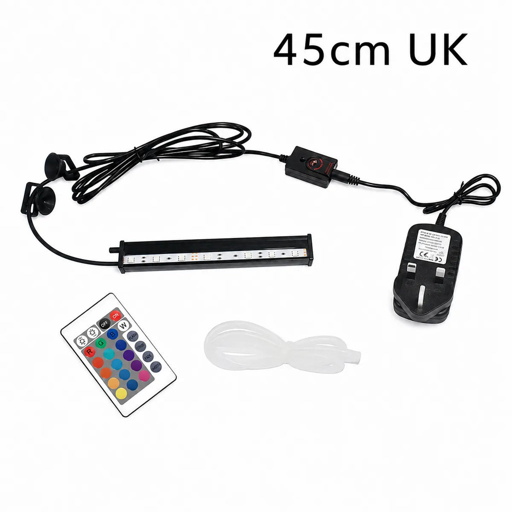 45cm UK LED aquarium light bar with RGB remote control, UK plug adapter, suction cup mounting brackets, and airline tubing on a white background.