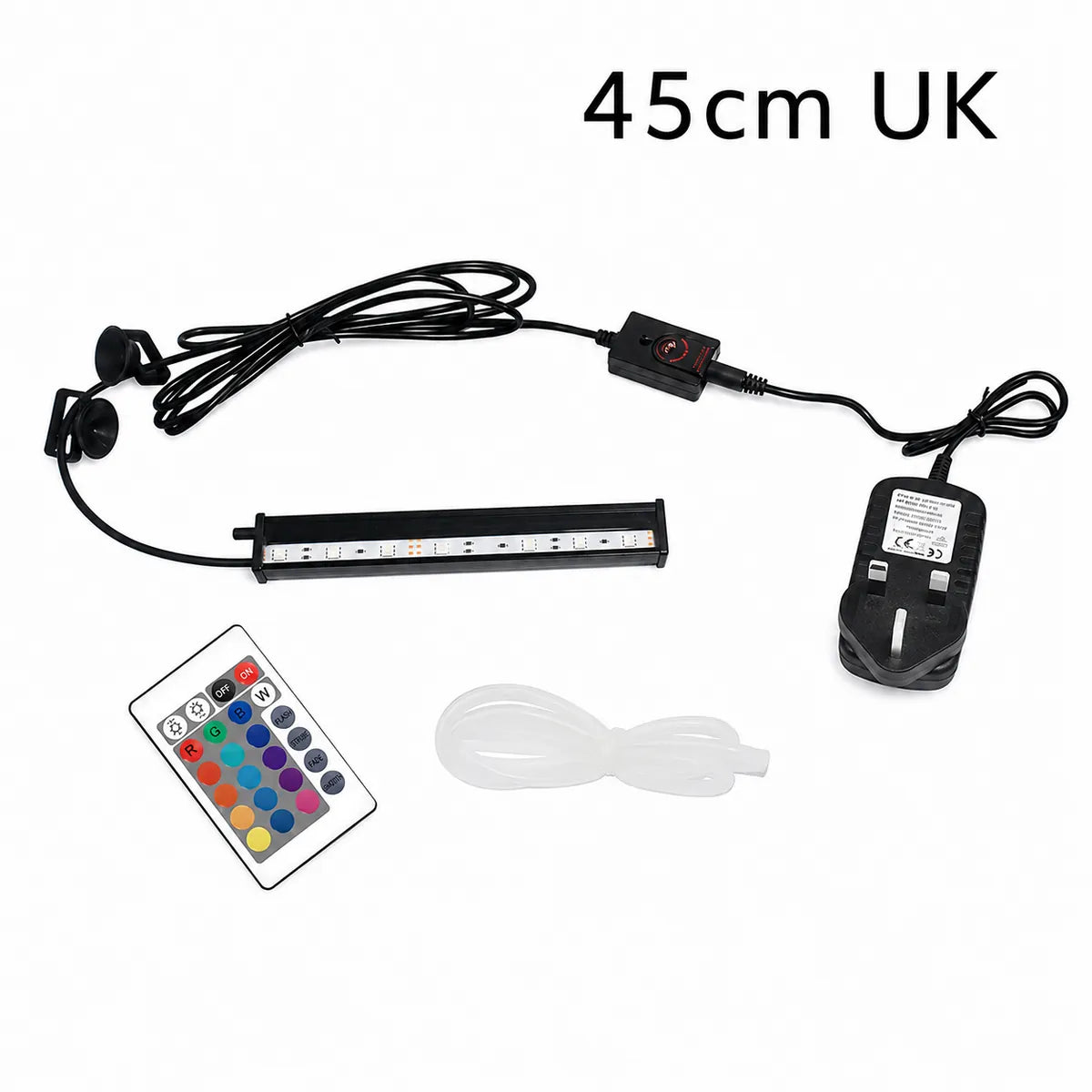45cm UK LED aquarium light bar with RGB remote control, UK plug adapter, suction cup mounting brackets, and airline tubing on a white background.