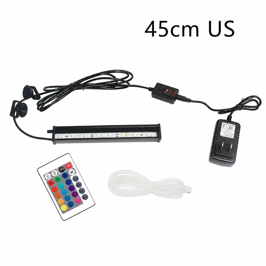 45cm RGB LED aquarium light kit with US plug, remote control, inline controller, suction cup mounts, and clear air tubing on a white background.