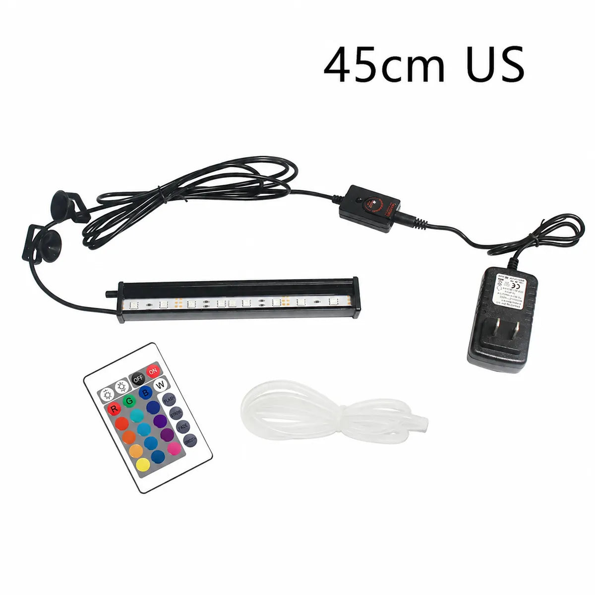 45cm RGB LED aquarium light kit with US plug, remote control, inline controller, suction cup mounts, and clear air tubing on a white background.