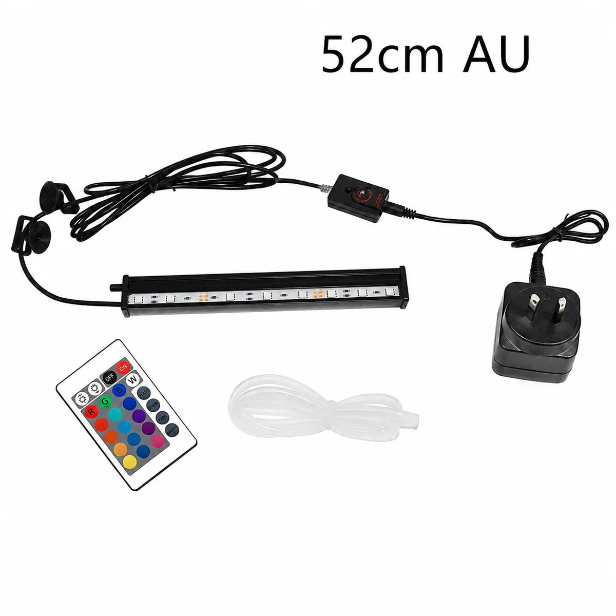 52cm aquarium LED light bar kit with AU plug, remote control, suction cups and clear tubing.