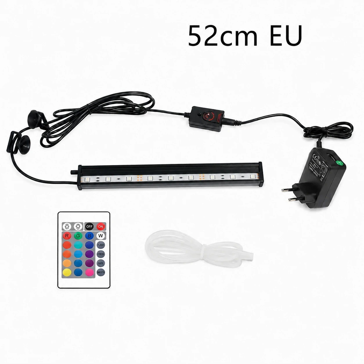 52cm aquarium LED light bar kit featuring multicolor lighting, remote control, EU power adapter, suction cups and clear air tubing.