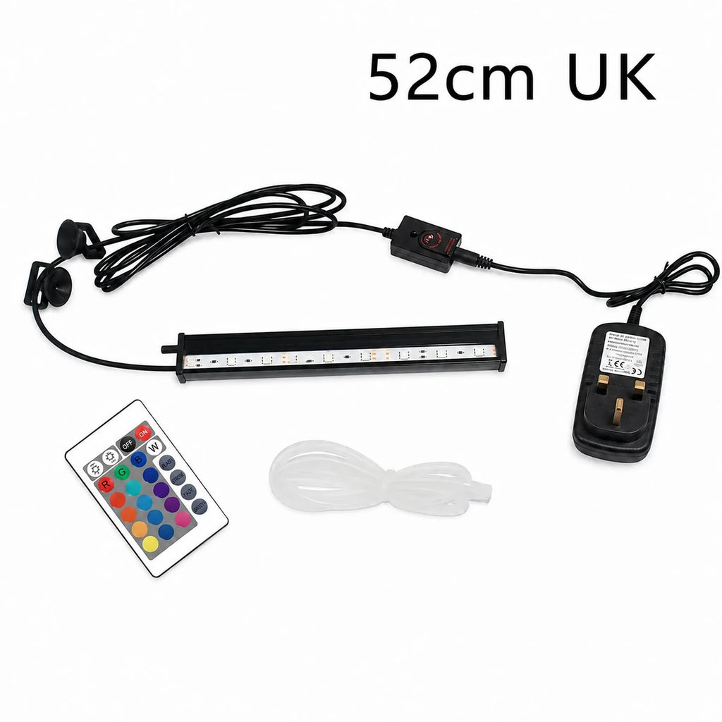 52cm aquarium LED light bar kit with UK plug, color remote control, suction cup mounts, inline controller and clear tubing for aquarium lighting.
