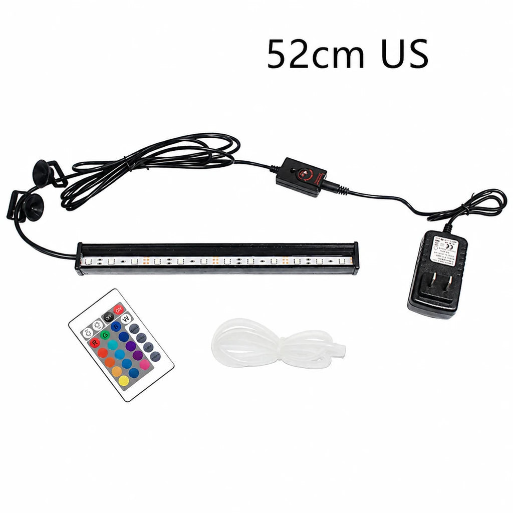 52cm RGB LED aquarium light bar kit with US plug, remote control, power adapter, suction cup mounts and air tubing on a white background.