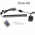 67cm RGB LED aquarium light with Australian 2-pin AU plug, remote control, power adapter, suction cup mounts, and air tubing on a white background.