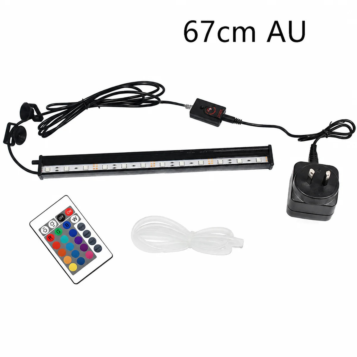 67cm RGB LED aquarium light with Australian 2-pin AU plug, remote control, power adapter, suction cup mounts, and air tubing on a white background.