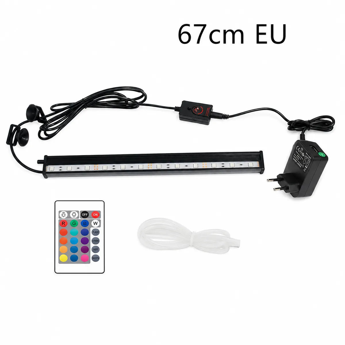 67 cm RGB LED aquarium light bar with EU power adapter, inline controller, remote control, suction cup mounts, and clear tubing on a white background.