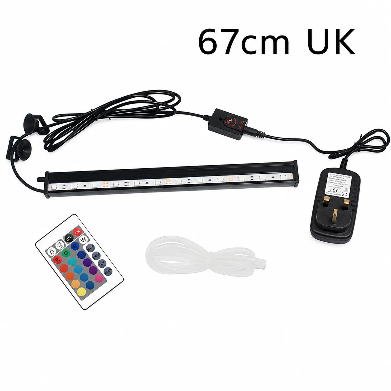 67cm RGB LED aquarium light with UK 3-pin plug, remote control, power adapter, and suction cup mounts on a white background for fish tanks.