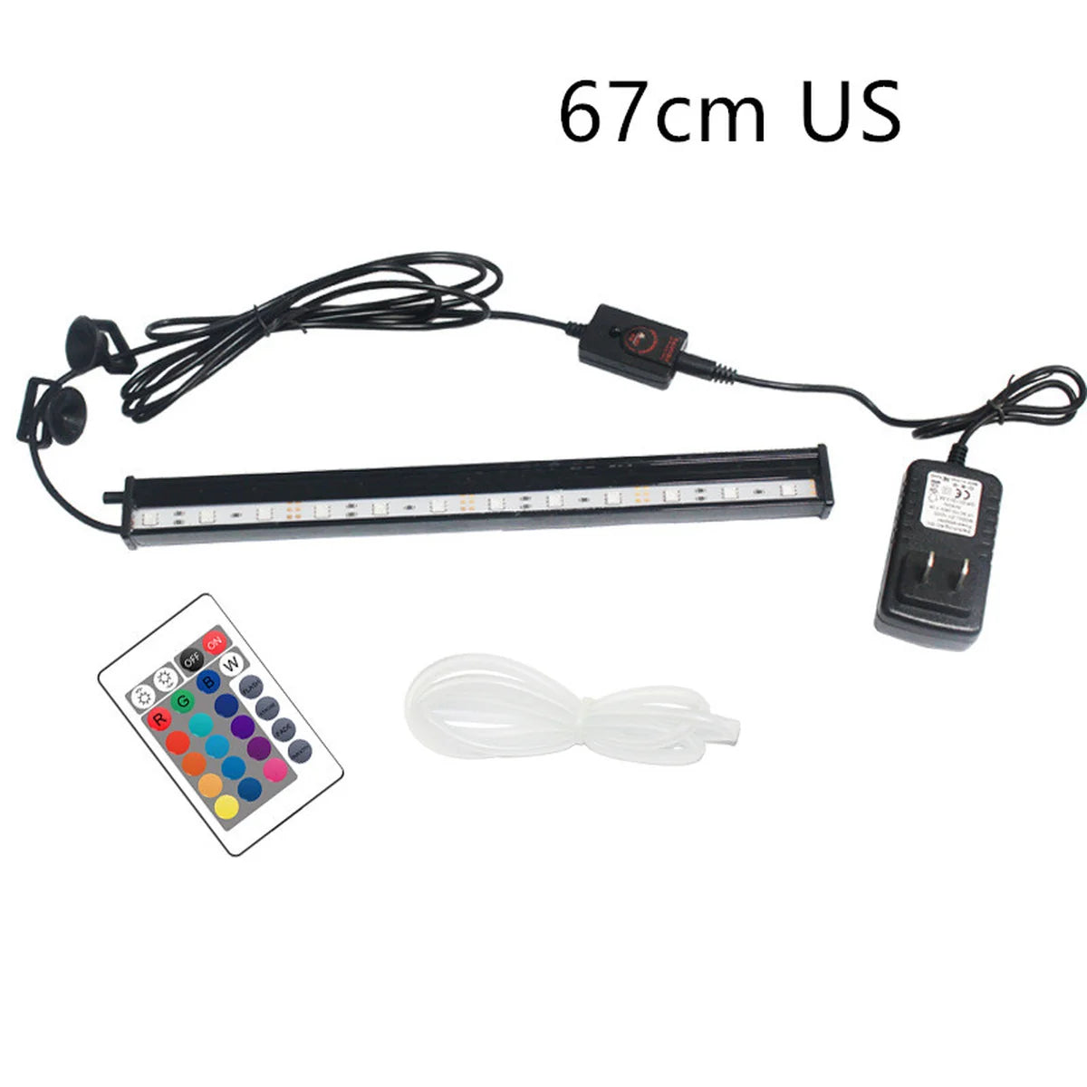 67 cm RGB LED aquarium light kit with remote control, power adapter, suction cup mounts, and clear airline tubing on a white background.