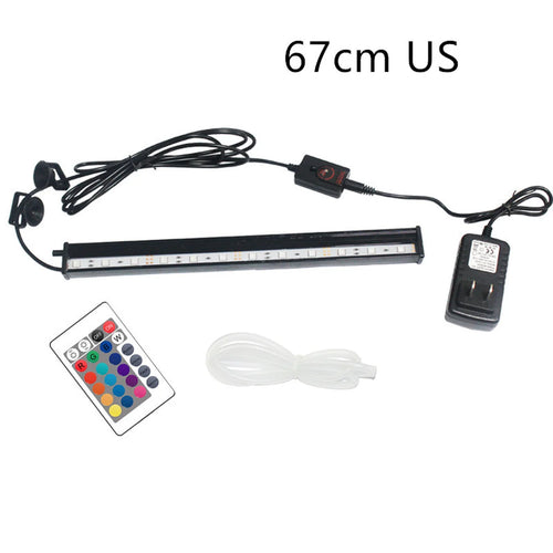 67 cm RGB LED aquarium light kit with remote control, power adapter, suction cup mounts, and clear airline tubing on a white background.