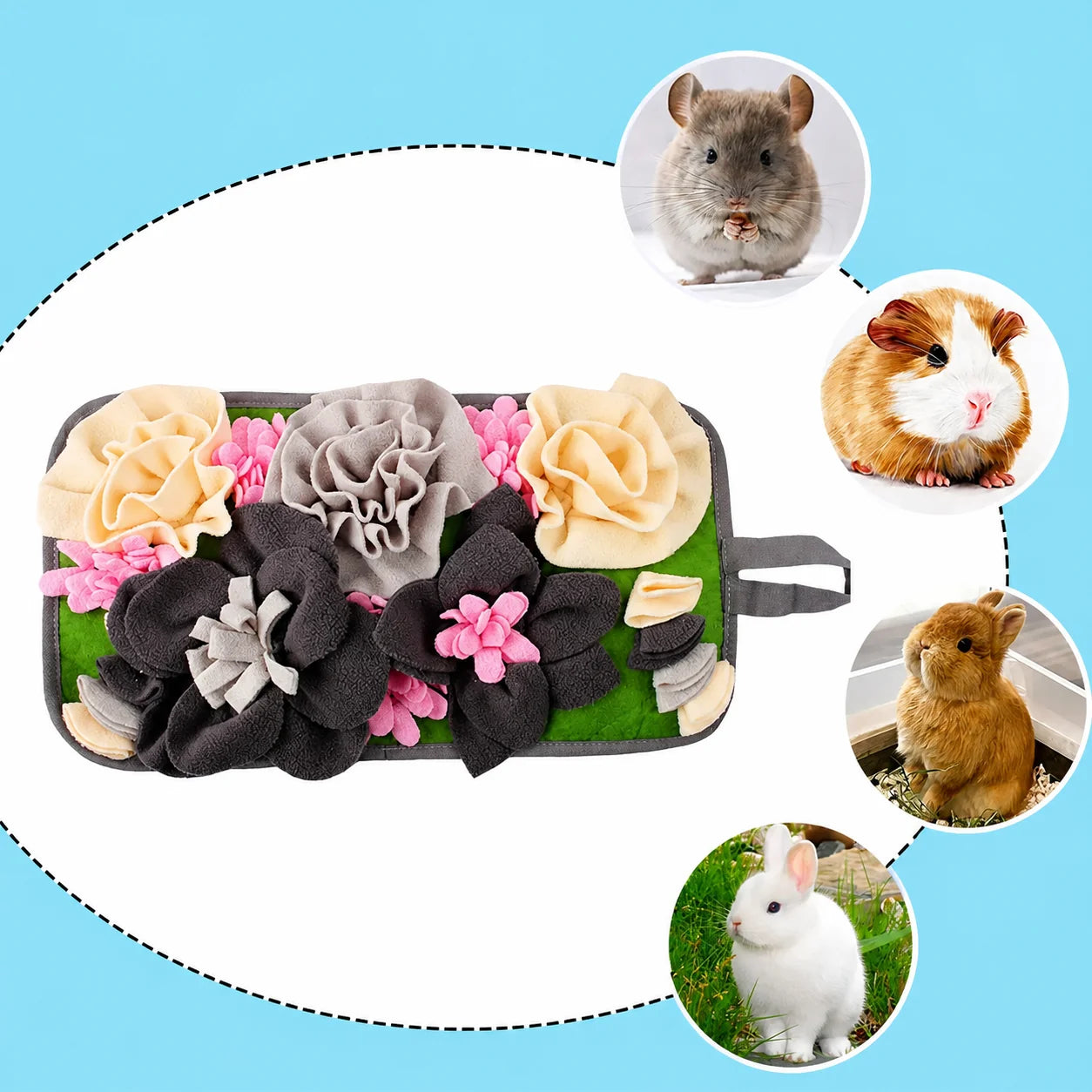 Floral snuffle mat for rabbits, guinea pigs, chinchillas and other small pets, showing compatible animals for interactive foraging and enrichment.