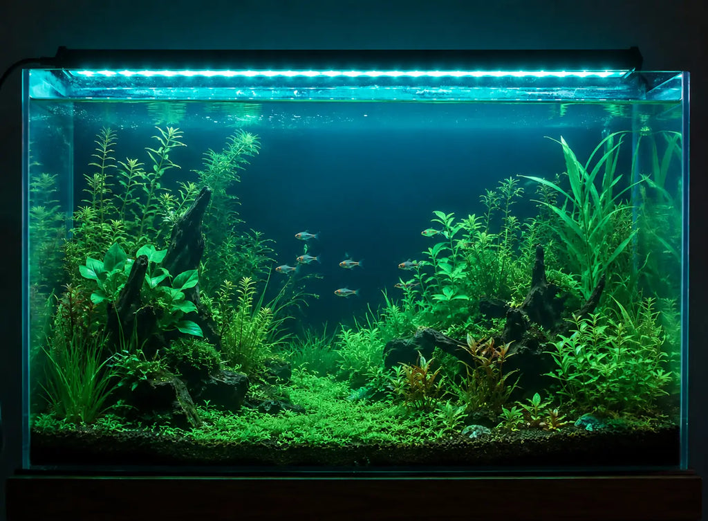 Aquarium LED light bar mounted inside a planted freshwater aquarium, powered on and producing a bright blue-green light that illuminates aquatic plants, driftwood, and tropical fish.