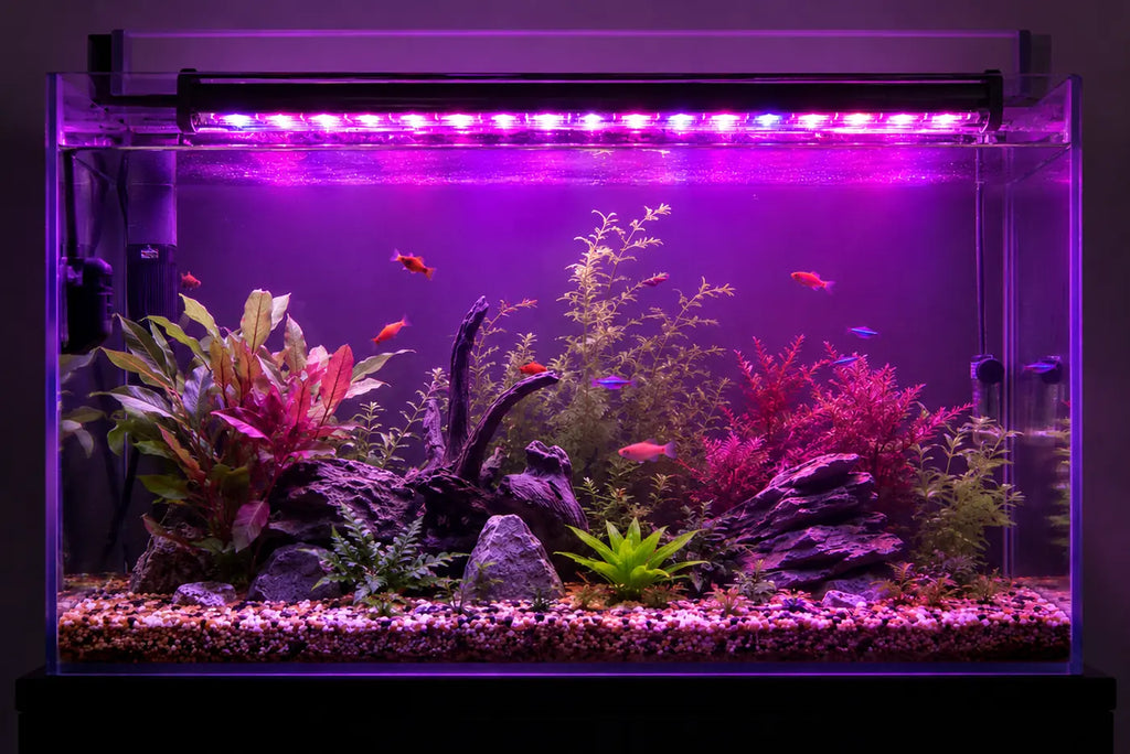 Waterproof aquarium LED light bar installed inside a clear glass aquarium, emitting a bright purple-pink light over tropical fish, aquatic plants, rocks, and driftwood in crystal-clear water.