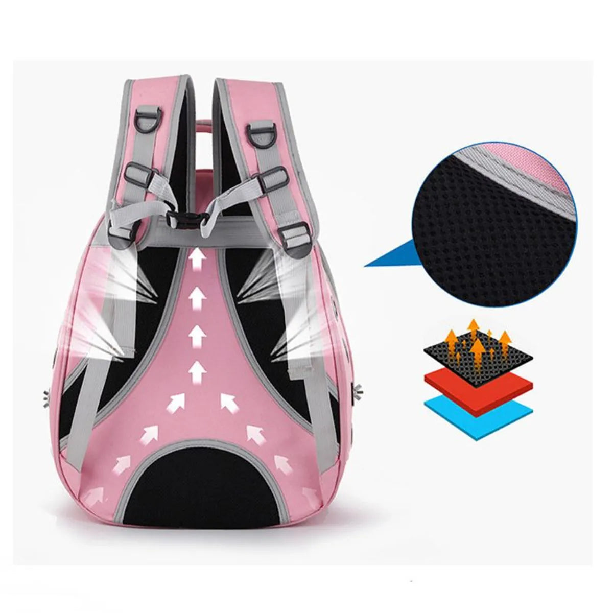 Rear view of a pink breathable pet carrier backpack with padded shoulder straps, ventilated mesh back panel, and ergonomic design for comfortable travel with cats, small dogs, rabbits, and other small pets.