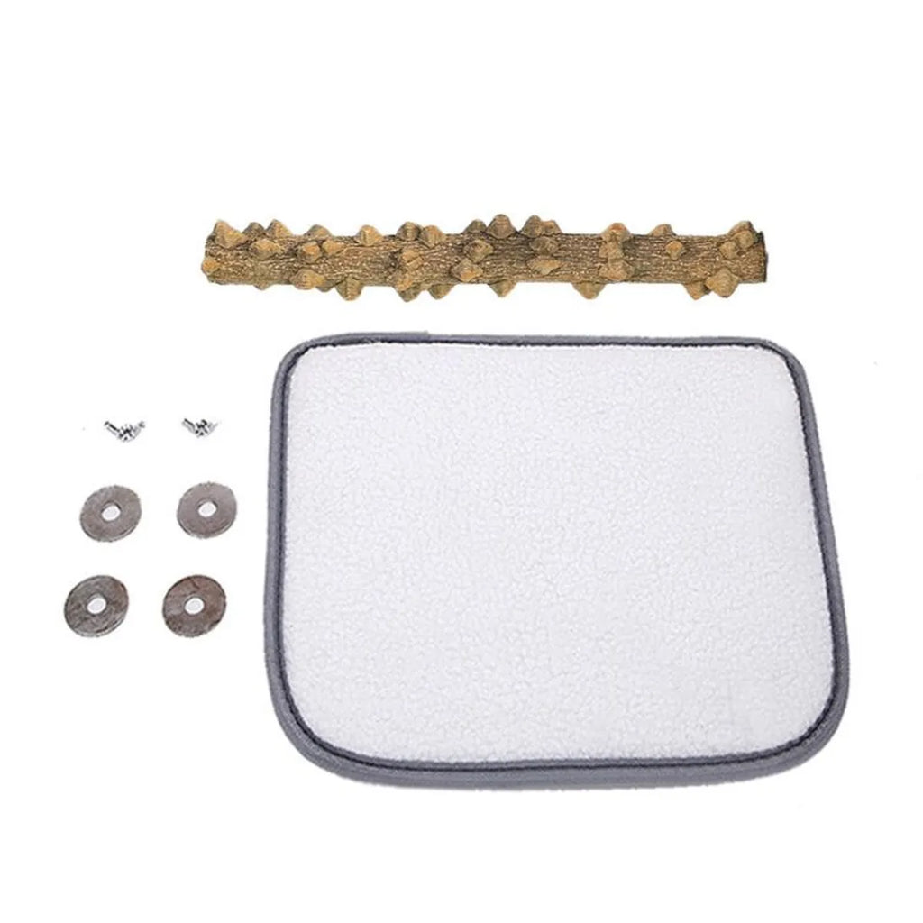 Bird cage base mat with natural wooden perch and mounting accessories on a white background for bird cages and aviaries.