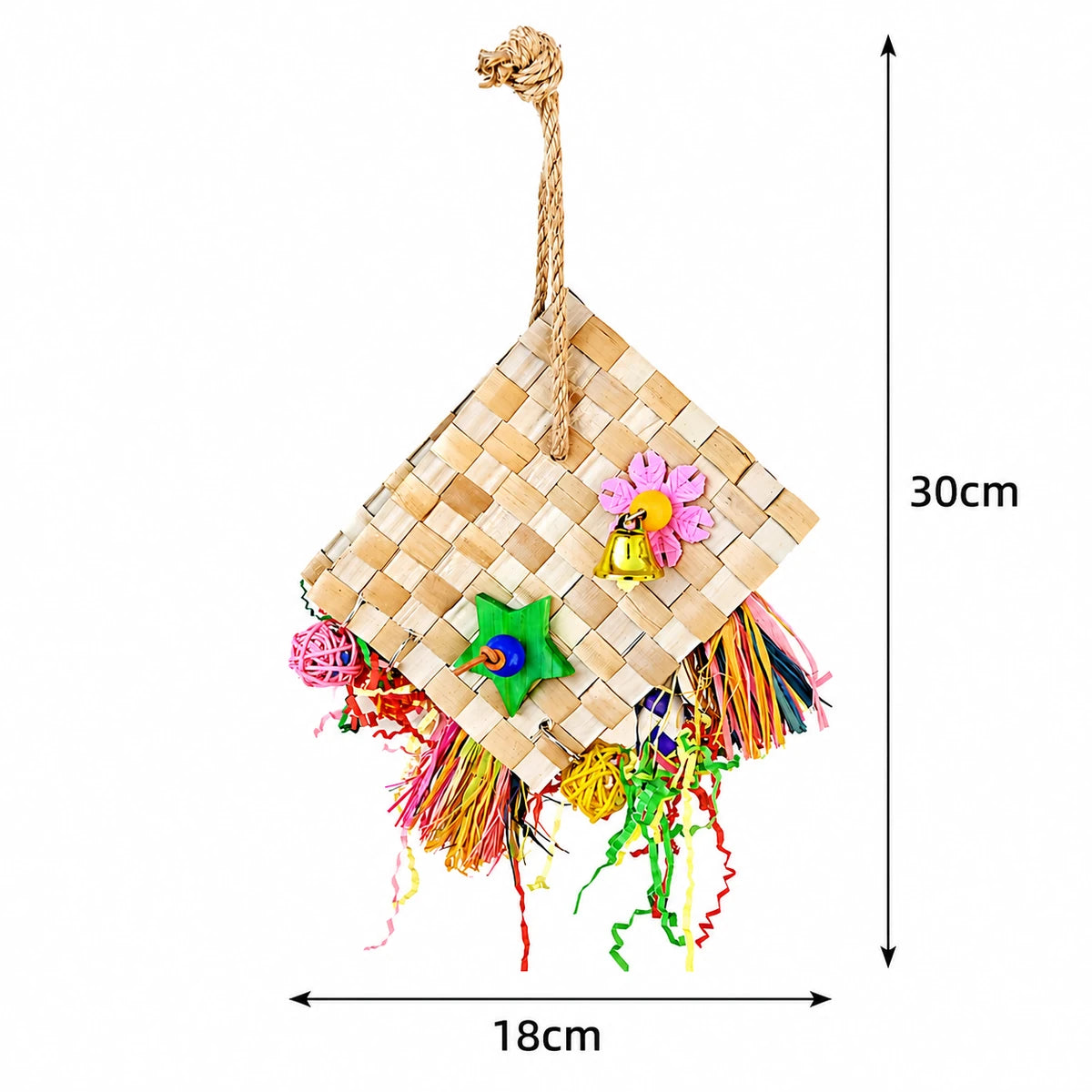 Natural woven hanging bird toy with colorful paper tassels, bell, and chew toys, measuring 30cm high by 18cm wide on a white background.