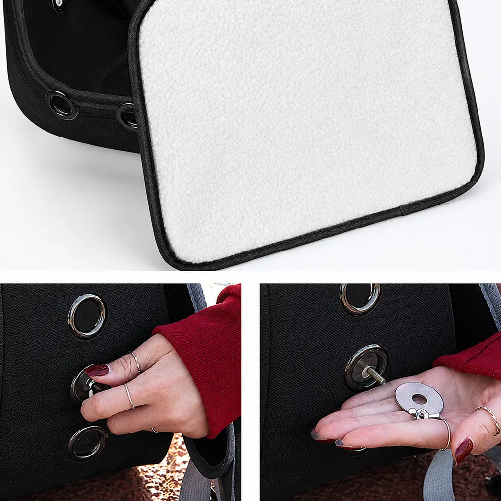 Black bird backpack perch with removable fleece pad and metal mounting hardware shown in close-up installation images.