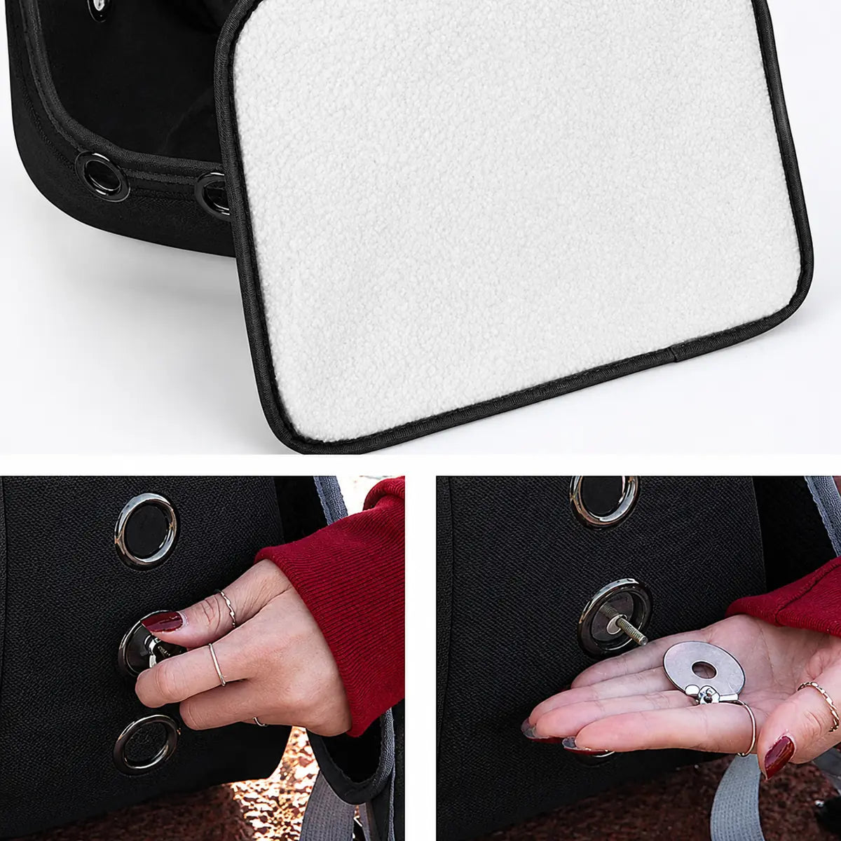 Black bird backpack perch with removable fleece pad and metal mounting hardware shown in close-up installation images.