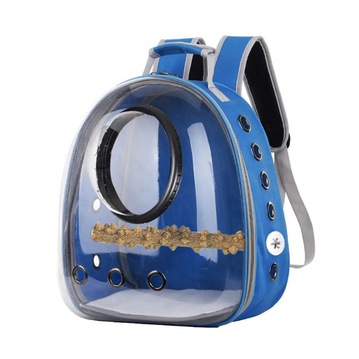 Blue transparent pet carrier backpack with panoramic bubble window and ventilation holes for cats, small dogs, rabbits, birds, and other small pets.