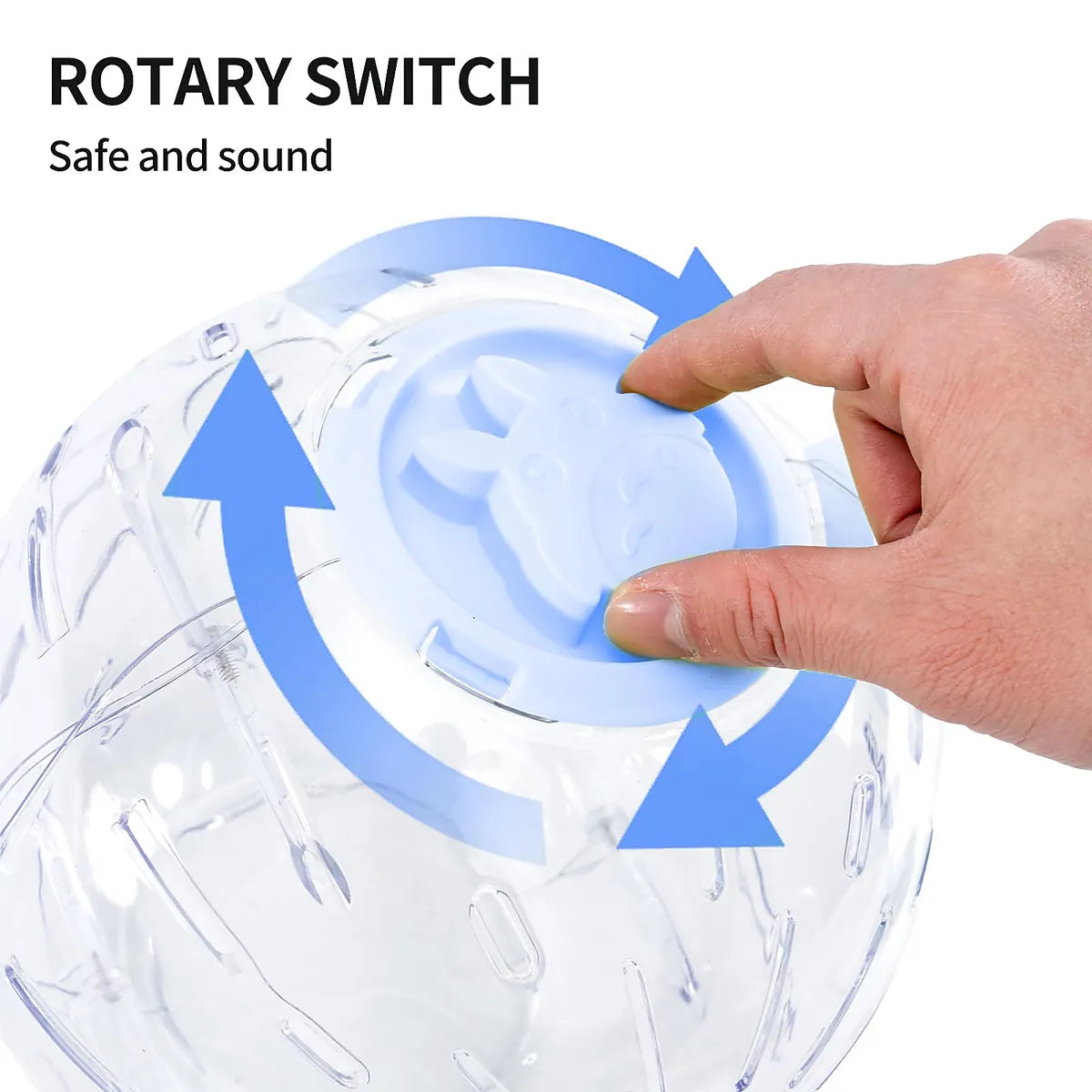 Close-up of a transparent hamster exercise ball with a blue rotary switch locking lid being turned by hand for secure opening and closing.
