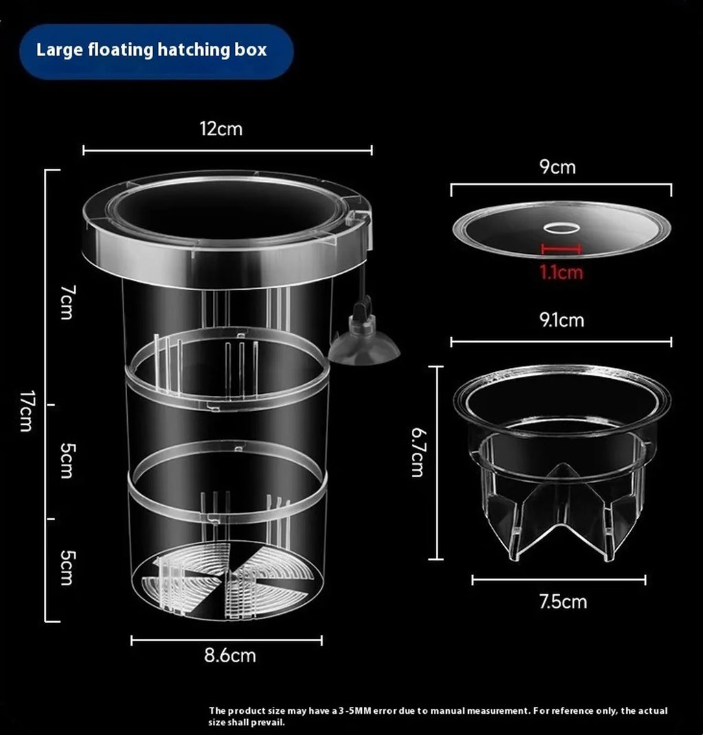 Transparent floating fish hatching box with dimensions shown, including removable breeding chamber, lid, and suction cup mount for aquarium fish breeding and fry isolation.