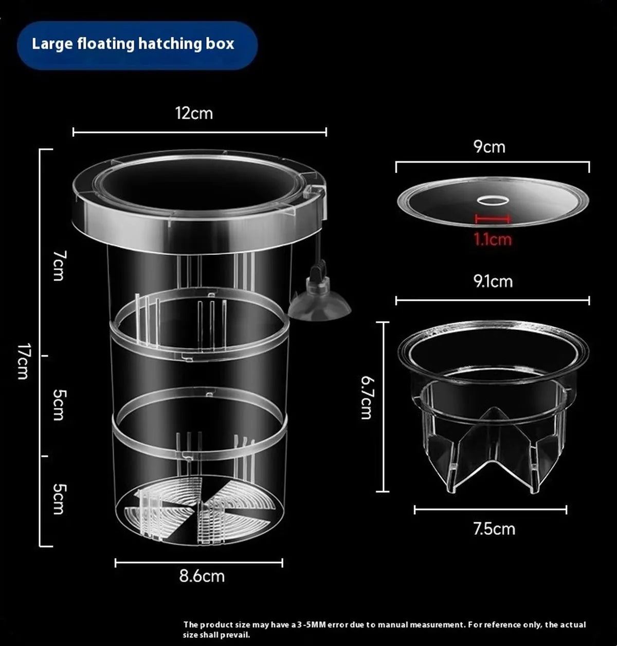 Transparent floating fish hatching box with dimensions shown, including removable breeding chamber, lid, and suction cup mount for aquarium fish breeding and fry isolation.