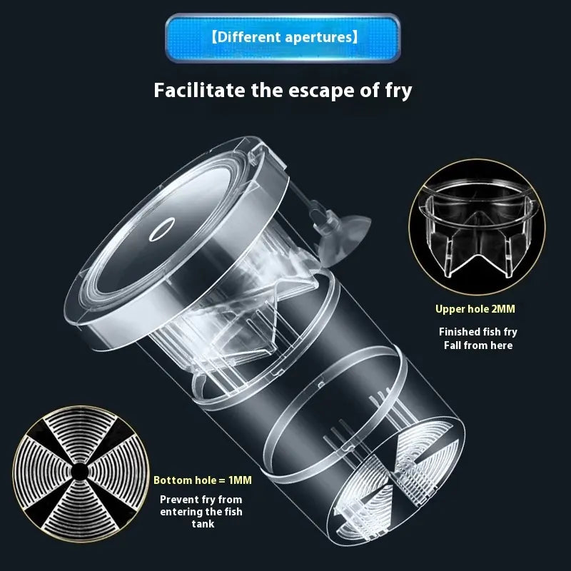 Transparent aquarium breeding box fry escape system featuring 1 mm bottom holes and 2 mm upper apertures to safely separate newborn fish from adult fish.
