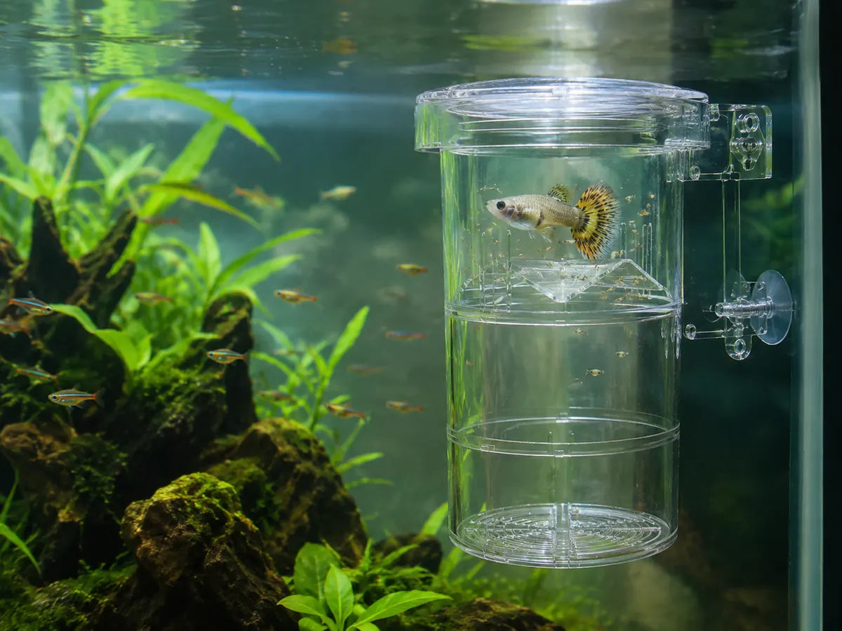 Clear acrylic aquarium breeding box attached to the side of a planted fish tank with a guppy inside, suitable for isolating pregnant fish and protecting newborn fry.
