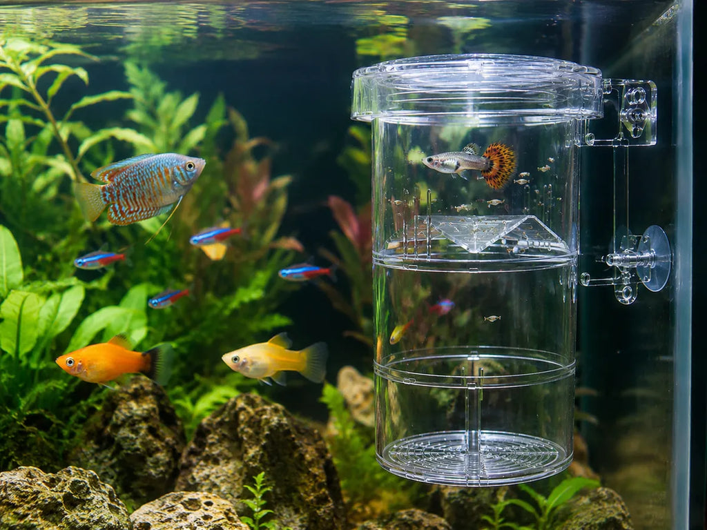 Clear acrylic aquarium breeding box mounted inside a planted freshwater aquarium, containing a guppy and fry while surrounded by tropical fish, designed for fish isolation, breeding, and fry protection.
