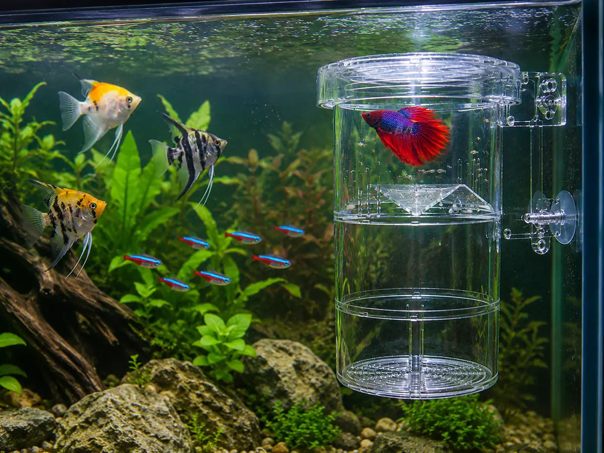 Clear acrylic aquarium breeding box mounted inside a planted aquarium with a red betta fish isolated in the breeder box and tropical fish swimming nearby.