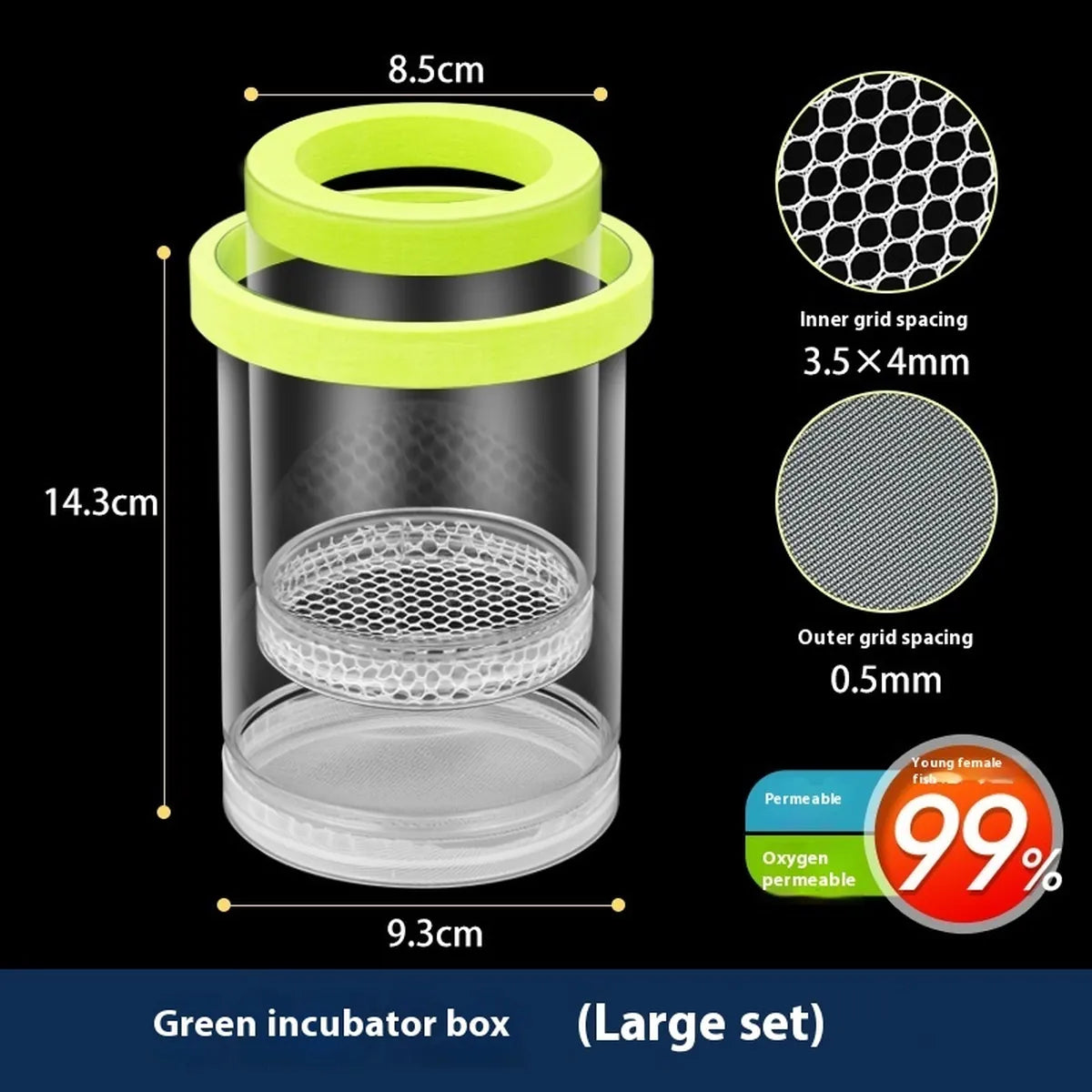 Large green aquarium fish breeding incubator box with dual mesh breeding chamber, 14.3 cm tall, suitable for isolating fry, shrimp, and pregnant fish with high oxygen circulation.