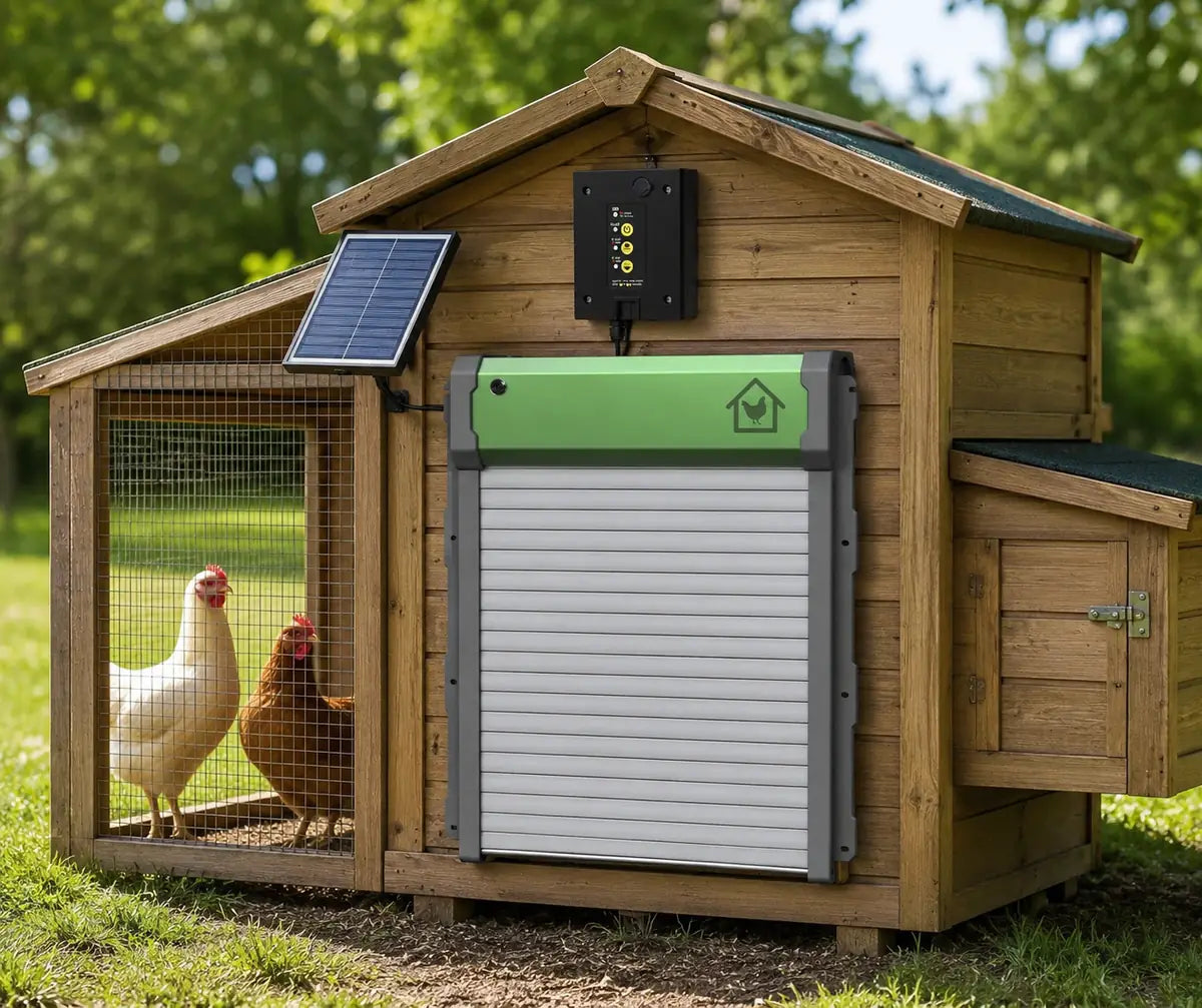 Automatic solar-powered chicken coop roller door installed on a wooden chicken coop in a natural backyard setting with free-range hens.