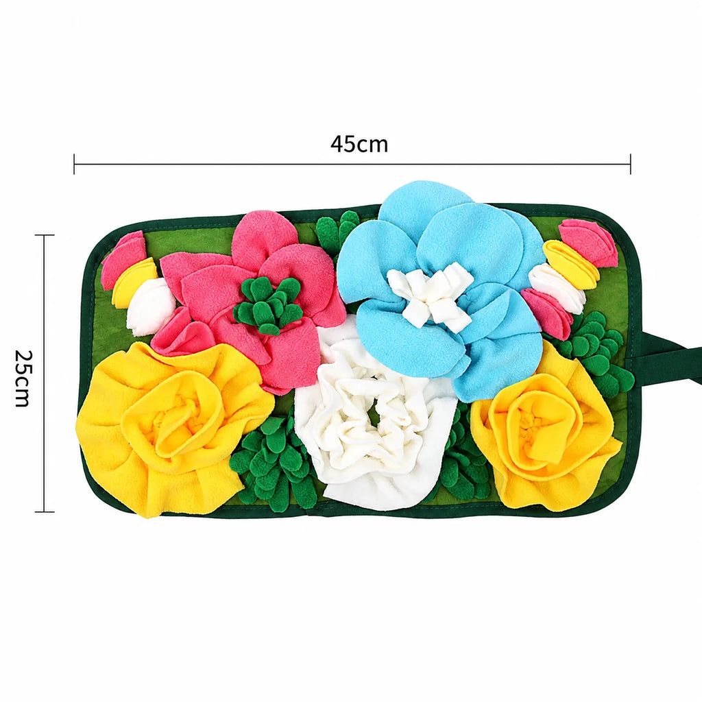 Top view of a colorful floral dog snuffle mat with dimensions 45 cm × 25 cm displayed on a white background.