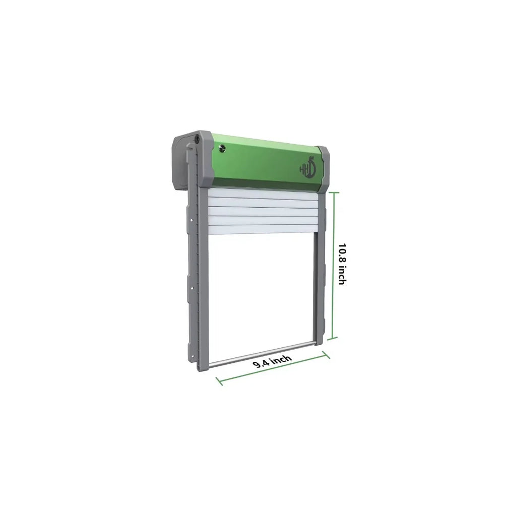 Heavy-duty rolling shutter pet door with dimensions of 10.8 inches high and 9.4 inches wide on a white background.