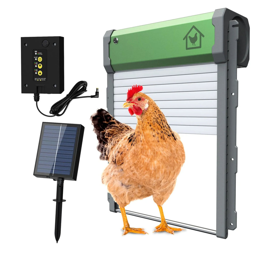 Solar-powered automatic chicken coop door kit with control panel, solar panel, and brown hen standing in front of the automatic poultry door.
