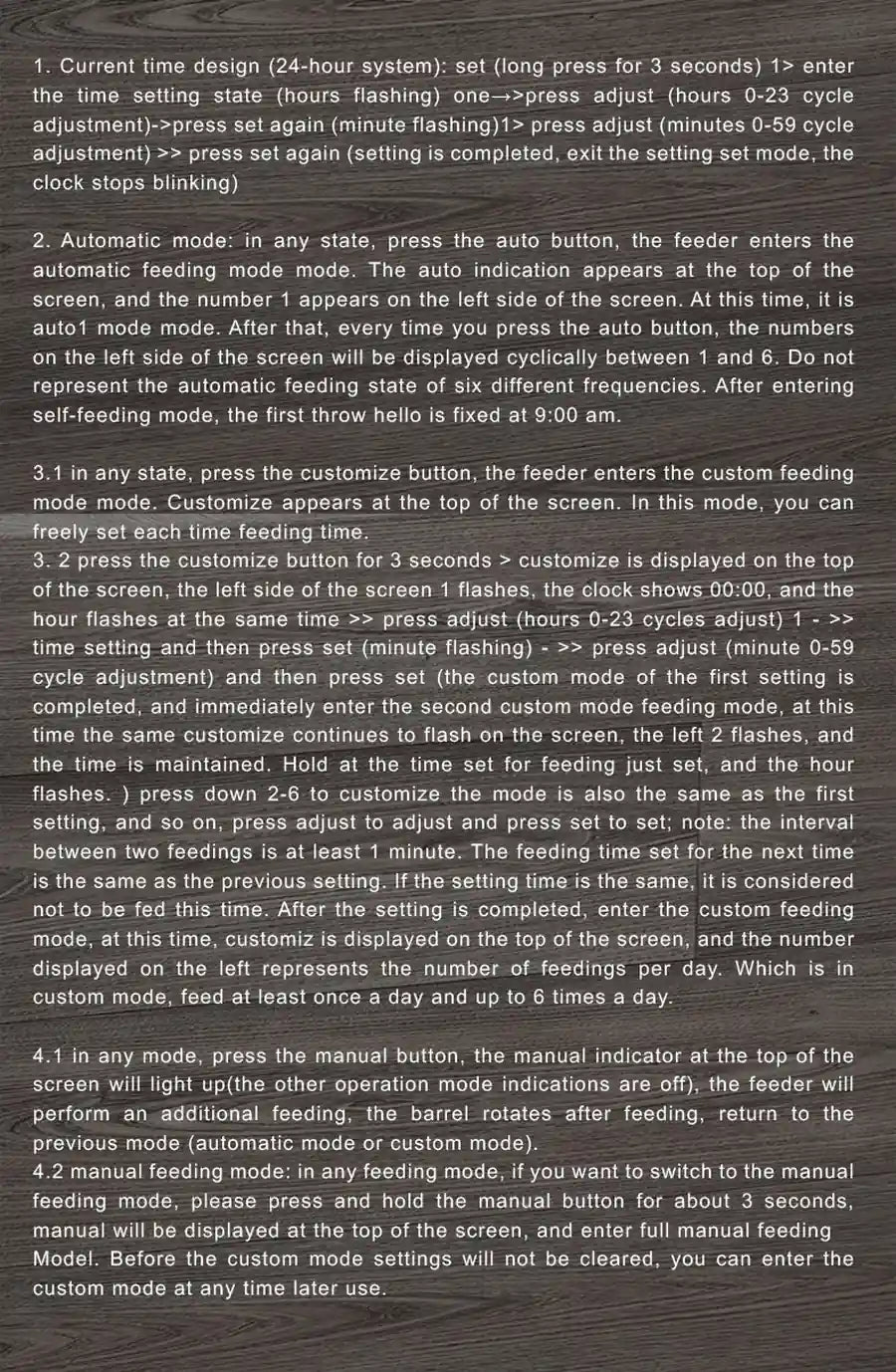 Automatic pet feeder instruction manual with setup guide for time settings, automatic feeding schedules, custom feeding times, and manual feeding mode.