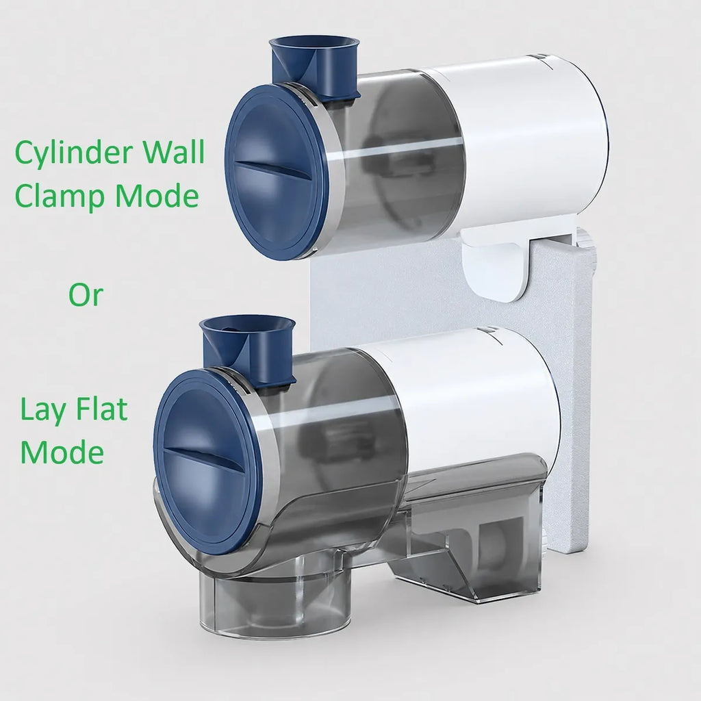Automatic aquarium fish feeder with cylinder wall clamp and lay flat mounting modes displayed side by side.
