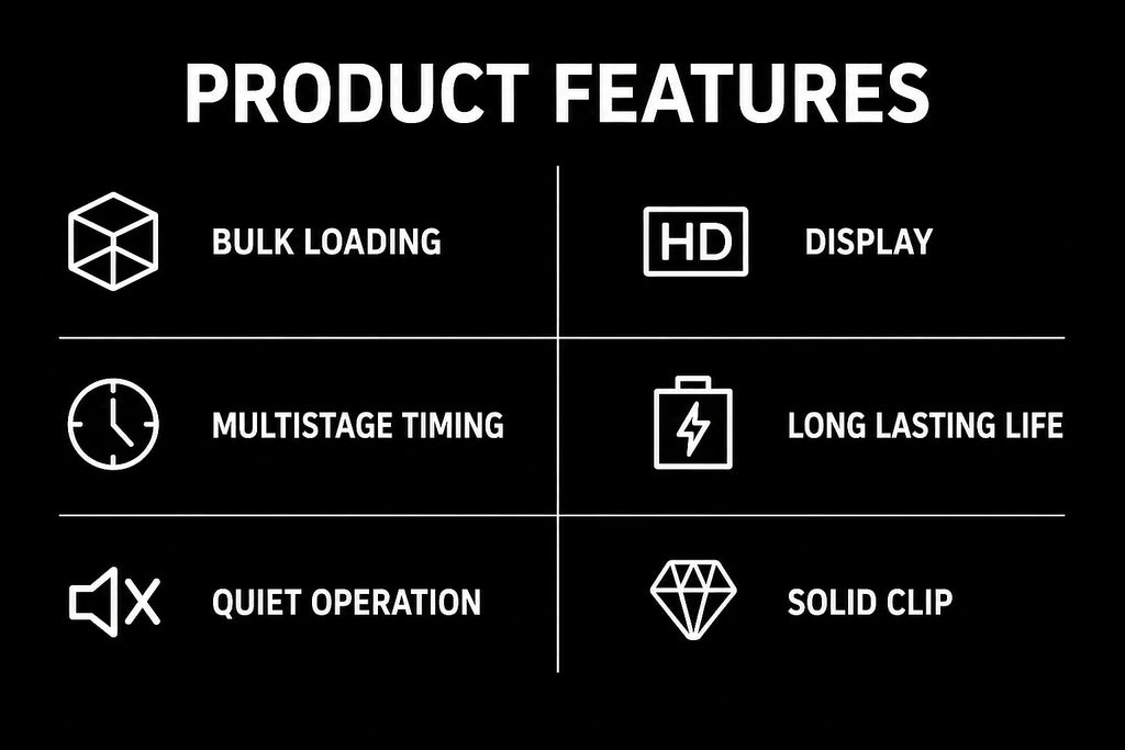 Product features infographic showing bulk loading, HD display, multistage timing, long-lasting battery life, quiet operation, and solid clip for an automatic fish feeder.